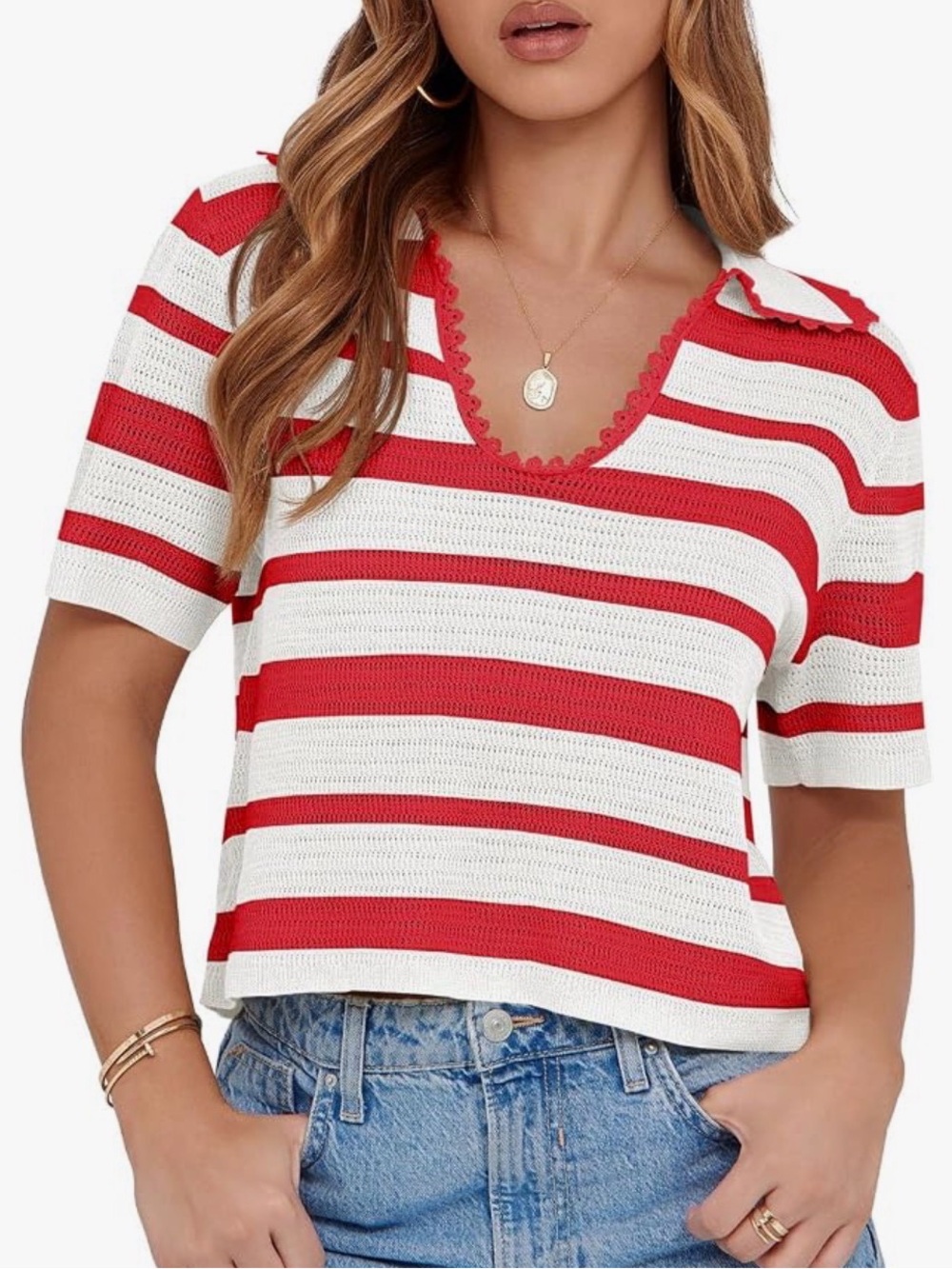 Amazon Red and White Striped V-Neck Knit Crop Top